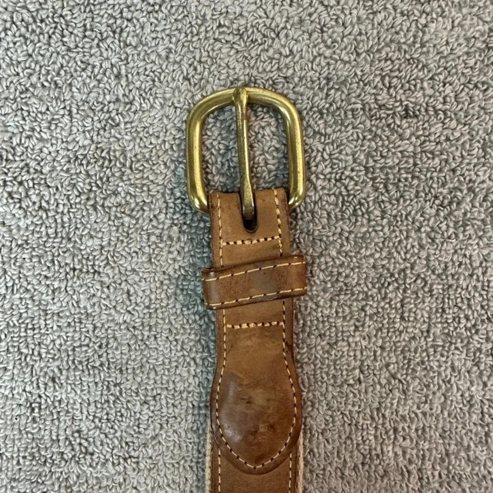Embroidered Quality Brown Leather Canvas Belt Brass Buckle Size 44
